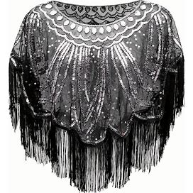 1920S Vintage Sequin Flapper Shawl Thin Breathable Lace Tassel Small Cape Party Evening Dress, Prom Dress, Formal,Black,Silver,Handpicked,Temu