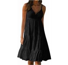Flowy Dress For Women V Neck Spaghetti Strap Solid Boho Tiered Dress Casual Summer Swing Beach Knee-Length Dress