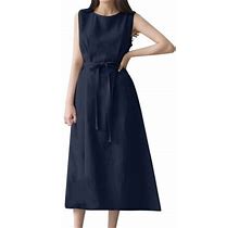 Womens Dresses Women Coton And Linen Dress Casual Solid Round Neck Sleeveless Elegant Dress Summer Dresses 2023 Blue XL