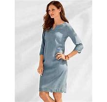 Talbots Petite Women's Split Neck Chambray Shift Dress 3/4 Sleeve Blue