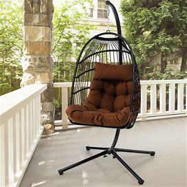 Patio Hanging Egg Chair With Stand Waterproof Cover And Folding Basket-Brown