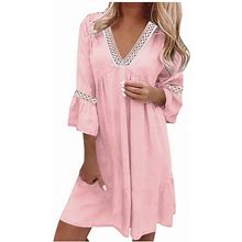 Summer Savings Clearance 2024! Loopsun Summer Dresses For Women, Casual 3/4 Sleeve V-Neck Solid Loose Mini Dress Pink
