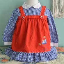 Vintage 80S Girls Pinafore Style Dress Blue And White Gingham With Red Pinafore Bird Embroidery Peter Pan Collar Long Sleeve Nanette 3T