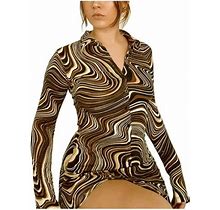 Fanvereka Casual Long Sleeve Dress Womens Fashion Water Ripple Print Single-Breasted Split Short Dress