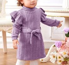 Baby Girls' Casual Knitted Solid Color High Neck Belted Cap Sleeve Dress With Flounced hem,12-18m