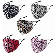 RUNHOOD 5 Pcs Leopard Cloth Face Mask Washable With Adjustable Ear Loops & Nose Wire ,3 Layers Leopard Cotton Face Mask With Filter Pocket For Women