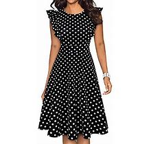 Yathon Womens Vintage Ruffle Floral Flared A Line Swing Casual Cocktail Party Dresses M Yt001black Dot, Black/White, Medium