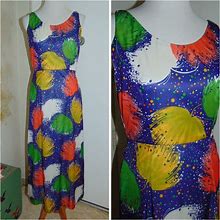 Vintage 50S/60S Blue Green Multi Colored Floral Party Maxi Wiggle Dress Size M / Rockabilly Fit N Flare Rare Custom Dress