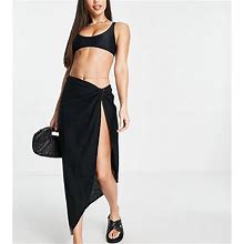 ASOS DESIGN Tall Natural Asymmetric Beach Skirt With Twist Front In Black - Black (Size: 16)