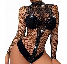 Ladies Hot Drill Sparkly Lace Collar Underwear Long Sleeve Mesh Dress