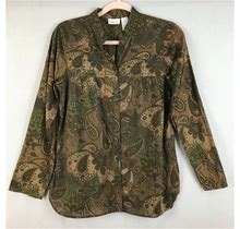 Kim Rogers Green Brown Paisley Print Long Sleeve Button Up Top Women's Size S