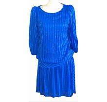 Vintage Dresses | Vtg 80S Retro Nu Wave Lurex Metallic Blue Drop Waist Sash Tie Belt Dress 9/10 | Color: Blue | Size: M