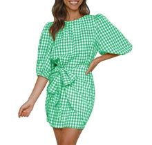 Casual Summer Dresses For Women Plaid Print Half Sleeve Mini Dress Belted Bowknot A Line Tunic Trendy Short Sundress