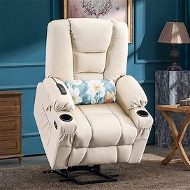 Mcombo Power Lift Recliner Chair With Massage And Heat For Elderly, Extended Footrest, Cup Holders, USB Ports, Faux Leather 7519 - Cream White