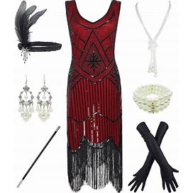 1920S Gatsby Sequin Fringed Paisley Flapper Dress With 20S Accessories Set