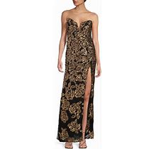 Blondie Nites Strapless Pattern Sequin Side Slit Long Dress, Womens, Juniors, 11, Black/Gold