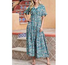 Paisley Print Flounce Sleeve Maxi Dress Turquoise / M