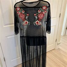 Zara Dresses | Zara Mesh Dress With Floral Embroidery - Euc - L | Color: Black/Red | Size: L