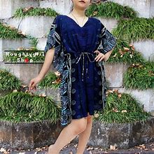 Navy Blue Rayon Kaftan,Beach Kaftan,Plus Size V Neck Short Dress,Mini Dress,Tunic Beach Cover,Printed Wrap Boho Clothing,KPS52