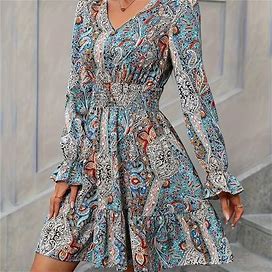 Paisley Print V-Neck Vintage Dress, Shirred Waist Ruffle Hem Swing Dress For Spring & Fall, Women's Clothing,Mixed Color,Must-Have,Temu