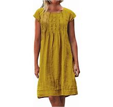 Uppada Summer Cotton Linen Dresses For Women, Women's Short Sleeve Shirring Mini Dress Solid Crewneck Knee Length Dresses
