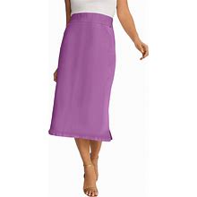 Plus Size Women's Comfort Waist Stretch Denim Midi Skirt By Jessica London In Soft Plum (Size 14) Elastic Waist Stretch Denim