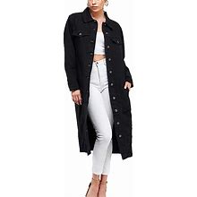 Women's Long Casual Maxi Length Denim Cotton Coat Oversize Button Up Jean Jacket