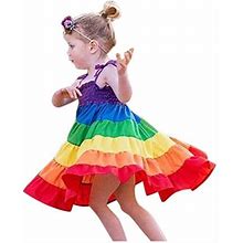Yinguo Toddler Kids Baby Girls Rainbow Striped Patchwork Princess Party Dress Sundress Size 100