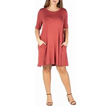 24Seven Comfort Apparel Plus Size Knee Length Pocket T-Shirt Dress - Cinnamon - Size 1X