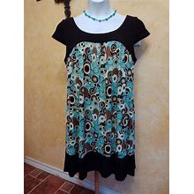 Dress Barn Black Aqua Circles Print Short Sleeve Stretchy Dress Size