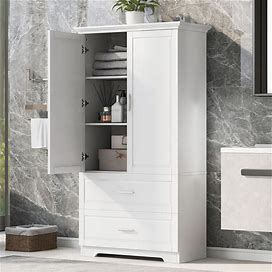 Tall Bathroom Storage Cabinet, Cabinet With Two Doors And Drawers, Adjustable Shelf, MDF Board, White