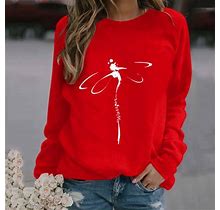 Mrulic Fall Clothes For Women 2022 Women's Print Longsleeved Sweatshirt Casual Blouse Pullover Red + XL