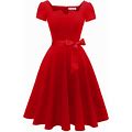 Girstunm Women's Classic Tea Dress Short Sleeve Swing Cocktail Party Dresses With Pockets