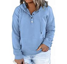 Comxiao Womens Plus Size Hooded Sweatshirts Long Sleeve Solid Color Drawstring Pullover Tops With Pocket,Sky Blue 2X