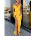 Yellow Off The Shoulder Pleated Long Prom Dress With Slits On The Side