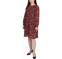 Ny Collection Petite Long Sleeve Pleated Dress - Black Paisley - Size P/S