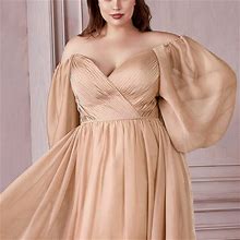 Pls Size Champagne Evening Wedding Long Sleeve Formal Chiffon A-Line Dress Cd243 | Color: Cream/Tan | Size: Various