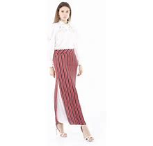 Women's Striped Red Maxi Pencil Skirt With White Thin Plisse Slit