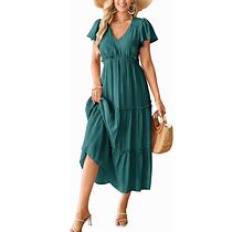 VOTEPRETTY Women's 2024 Fashion Summer Maxi Dresses Boho Beach V Neck Flutter Short Sleeve Tiered Long Dress