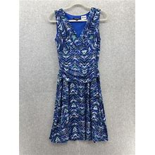Nine West Women's Dress Sleeveless Blue V Neck Pleated Drop Waist Size
