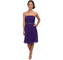 Donna Morgan Purple Silk Chiffon Knee Length Strapless Pleated Dress