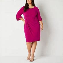Connected Apparel Plus 3/4 Bell Sleeve Sheath Dress | Pink | Plus 22W | Dresses Sheath Dresses | Stretch Fabric | Easter Fashion