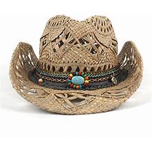 WYFDP Natural Straw Cowboy Hat Women Men Handmade Weave Cowboy Hats For Lady Tassel Summer Western Sombrero Lifeguard Hats (Color : A, Size : One Siz
