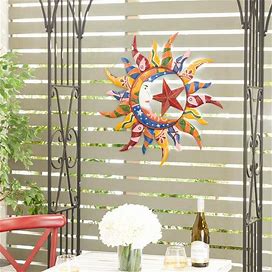 Metal Multi Colored Indoor Outdoor Sun And Moon Wall Decor With Abstract Patterns