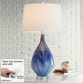 Possini Euro Taylor 29" Blue Art Glass Table Lamp With USB Dimmer - Style 045M0
