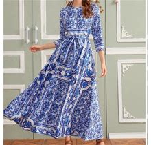 Shein Dresses | Belted Flare Dress In Blue And White Print | Color: Blue/White | Size: Xs