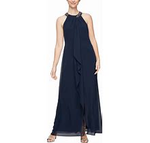 S.L. Fashions Women's Long Maxi Chiffon Gown With Jewel Halter Neck Dress