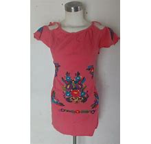 Mexican Traditional Handmade Embroidered Dress Above Knee Orange Size