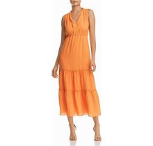 LE GALI Women's Orange Sleeveless V Neck Tea-Length Sheath Dress - Orange M