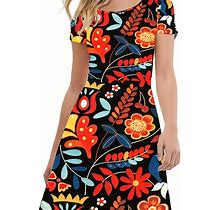 Floral Print Allover Print Jersey Dress, Women's Casual Crew Neck A-Line Women's Clothing Short Sleeve Dress,Mixed Color,Reliable,By Temu